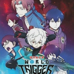 May include: A DVD cover for World Trigger Vol. 1-101 End featuring an anime illustration of seven characters in various colored jackets against a dark blue and red space background. The title World Trigger is printed in large black letters.