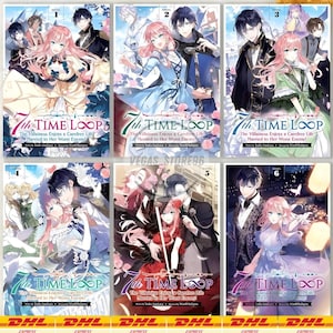 Op de afbeelding: Een verzameling van zes manga boeken getiteld "7th Time Loop: The Villainess Enjoys a Carefree Life Married to Her Worst Enemy!". Elke omslag toont romantische illustraties van personages in diverse outfits. De boeken zijn genummerd van 1 tot 6.
