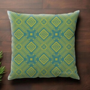 May include: A square throw pillow featuring a repeating geometric pattern in lime green and teal blue. The design consists of concentric diamond shapes and circular motifs connected by zigzag lines. The text Pixelthai65 is visible in the corner.