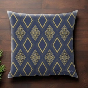 May include: A square throw pillow featuring a dark navy blue background with a repeating pattern of gold-colored diamonds and intricate, symmetrical floral-inspired motifs centered within each diamond shape. The text Pixeltha65 is visible.