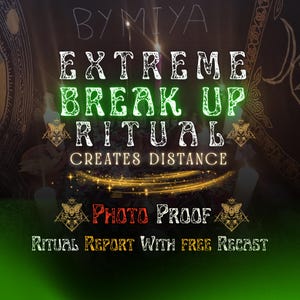 May include: A dark, atmospheric graphic featuring the text BY MIYA, EXTREME BREAK UP RITUAL, CREATES DISTANCE, PHOTO PROOF, and RITUAL REPORT WITH FREE RECAST. The design includes golden moth icons and glowing light effects over a blurred ritual setting.