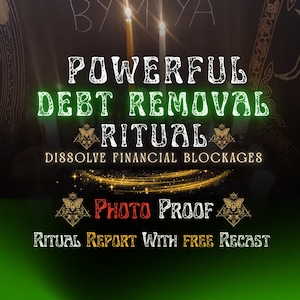 May include: A digital graphic featuring the text POWERFUL DEBT REMOVAL RITUAL, DISSOLVE FINANCIAL BLOCKAGES, PHOTO PROOF, and RITUAL REPORT WITH FREE RECAST. The design includes two lit candles, moth illustrations, and a glowing golden light arc.