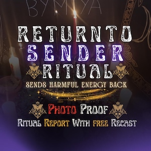 Könnte beinhalten: Eine digitale Grafik mit dem Text RETURN TO SENDER RITUAL SENDS HARMFUL ENERGY BACK, PHOTO PROOF und RITUAL REPORT WITH FREE RECAST. Das Design enthält vier Mottenillustrationen und einen leuchtenden goldenen Bogen vor einem dunklen Hintergrund.