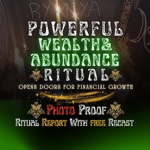May include: A digital graphic with the text BY MIYA POWERFUL WEALTH & ABUNDANCE RITUAL OPENS DOORS FOR FINANCIAL GROWTH PHOTO PROOF RITUAL REPORT WITH FREE RECAST. The design features glowing green text, golden accents, and butterfly symbols.