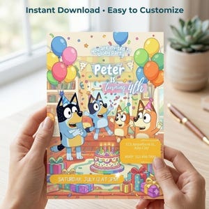 May include: A colorful birthday party invitation featuring cartoon characters, balloons, and a birthday cake. The invitation reads "Peter is turning 4th" and includes the text "EDITABLE IN CANVA" and "Instant Download • Easy to Customize".