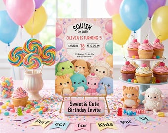 May include: A festive birthday party scene with colorful balloons, cupcakes, and lollipops. A sign reads "Squish on Over, Olivia is turning 5." The invitation features cute cartoon animals. The scene is decorated with candies and confetti, perfect for a kids' party.
