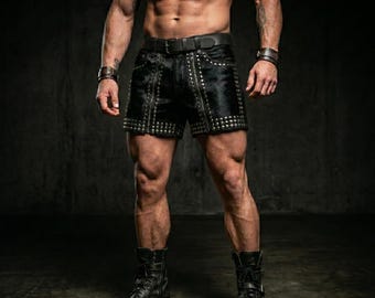 Men's Hair-On Cowhide Leather Shorts, Studded Black Biker Festival Outfit