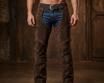 Men's Brown Suede Leather Chaps, Western Cowboy Motorcycle Riding Buckle Strap Leggings