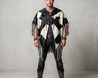 Men’s Hair-On Cowhide Leather Poncho | Black & White Patchwork Fringe Cape | Western Cowboy Festival Cloak