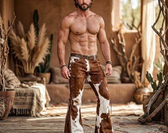Men's Hair-On Cowhide Leather Flared Pants, Western Cowboy Trousers, Brown White, Handmade Festival Outfit