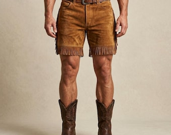 Men's Suede Leather Fringe Shorts, Western Cowboy Festival Style, Handmade Rustic Detail
