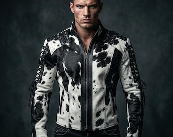 Men's Hair-On Cowhide Leather Western Shirt, Black White Biker Jacket Style