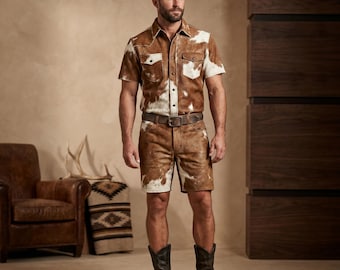 Hair-On Cowhide Leather Shirt & Shorts Set – Western Cowboy Outfit, Rodeo Festival Wear