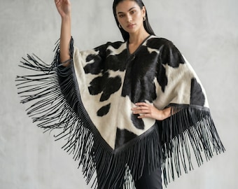 Women's Hair-On Cowhide Leather Poncho, Western Fringe Shawl, Boho Wrap