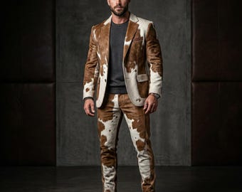 Men's Hair-On Cowhide Leather Suit Set | Western Blazer Pants | Brown White Ranch Wear