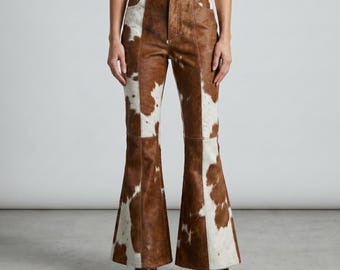 Cowhide Leather Flared Pants – Handmade Western Patchwork Pants for Women