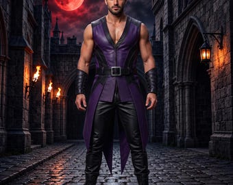 Men's Purple Black Leather Warrior Vest Pants Set, Gothic Medieval Cosplay Outfit