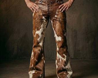 Men's Hair-On Cowhide Leather Flare Pants, Western Cowboy Flared Trousers, Biker Statement