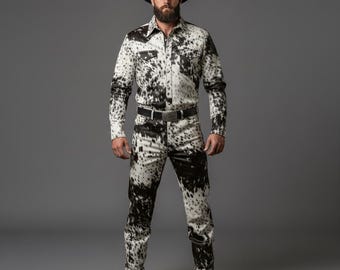 Men's Hair-On Cowhide Leather Western Shirt and Pants Set, Black White Rodeo Outfit