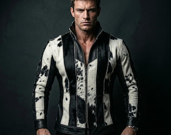 Men's Handmade Hair-On Cowhide Leather Jacket: Black White Western Style Biker Festival Wear