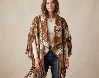 Women's Hair-On Cowhide Leather Poncho, Western Fringe Shawl, Boho Wrap