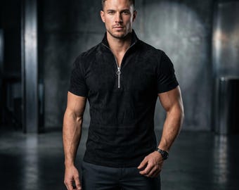 Black Suede Leather Shirt | Men's Half Zip Short Sleeve Slim Fit Top