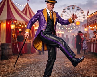 Purple Leather Ringmaster Costume Set, Tailcoat, Vest, Pants, Circus Cosplay Outfit
