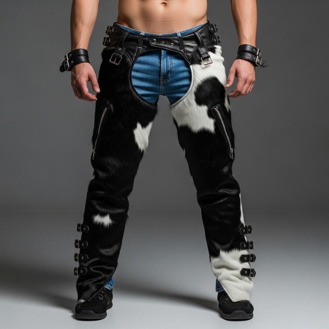 Cowhide Rodeo Chaps Men's Hair-on Cowhide Leather Chaps: Black White Western Biker Rodeo ...