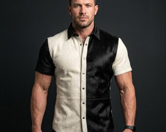 Men's Handmade Hair-On Cowhide Leather Shirt: Black White Patchwork Western Gothic Top