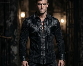 Men's Black Hair-On Cowhide Suede Leather Lace-Up Shirt, Gothic Studded Western Styling