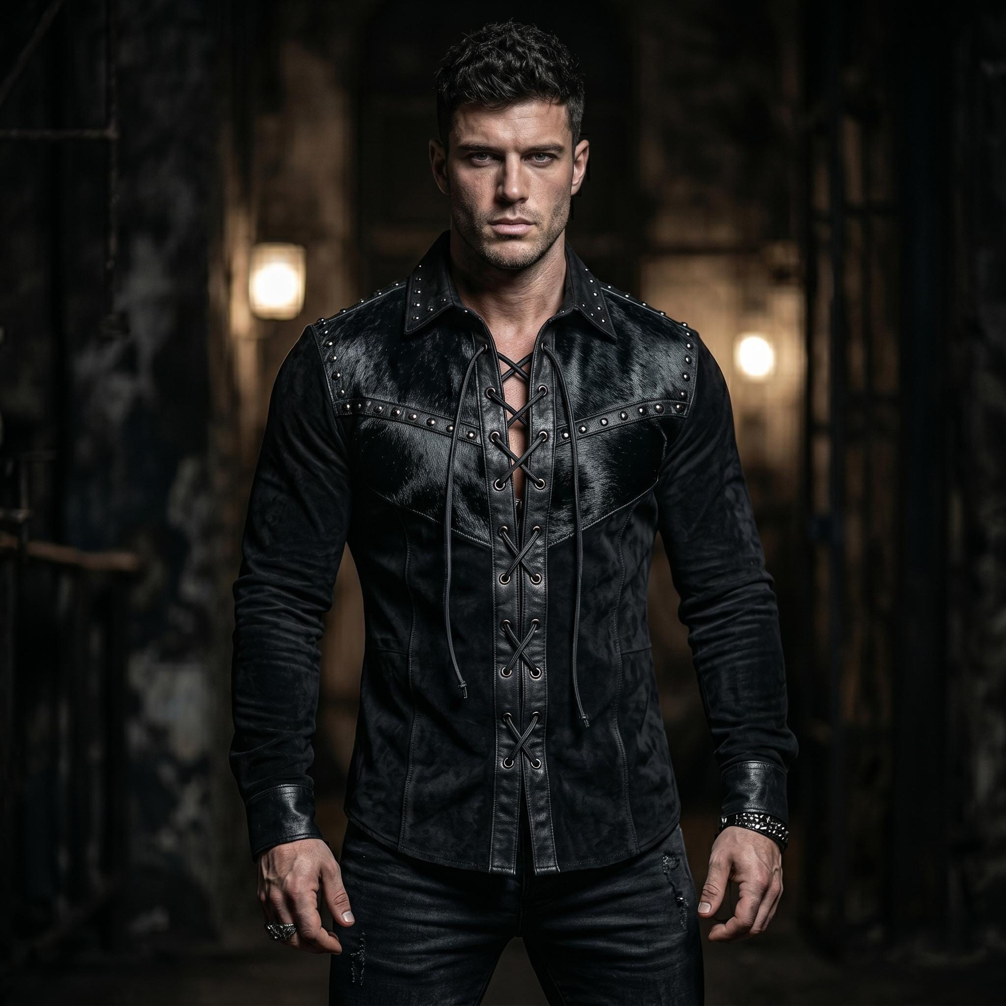 Men's Black Hair-On Cowhide Suede Leather Lace-Up Shirt, Gothic Studded Western Styling