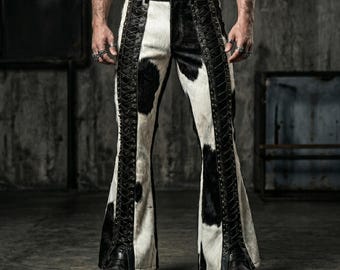 Men's Hair-On Cowhide Gothic Flare Pants, Studded Lace-Up Leather Trousers