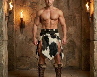 Men's Hair-On Cowhide Leather Kilt, Western Warrior Style, Black White Genuine Leather