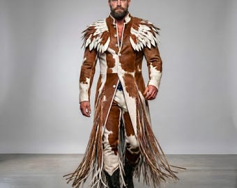 Men's Hair-On Cowhide Leather Trench Coat Set, Feather Shoulder Fringe Outfit