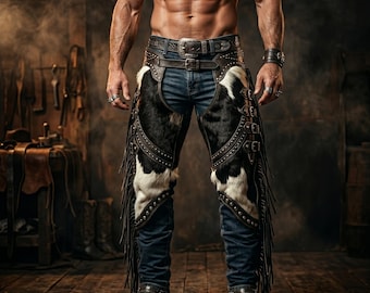 Men's Hair-On Cowhide Leather Chaps, Western Fringe Biker Pants