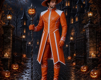 Men's Orange White Leather Wizard Costume Set, Gothic Fantasy LARP Suit