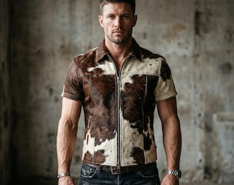Men's Hair-On Cowhide Leather Shirt, Western Gothic Statement Top