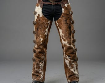 Men's Hair-On Cowhide Leather Chaps, Western Cowboy Rodeo Riding Gear