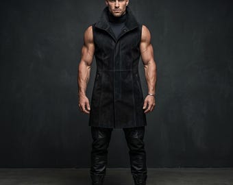 Men's Black Suede Leather Vest, Gothic Long Sleeveless Waistcoat, Custom Outerwear