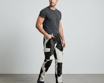 Handmade Hair-On Cowhide Leather Patchwork Pants, Western Cowboy Biker Trousers