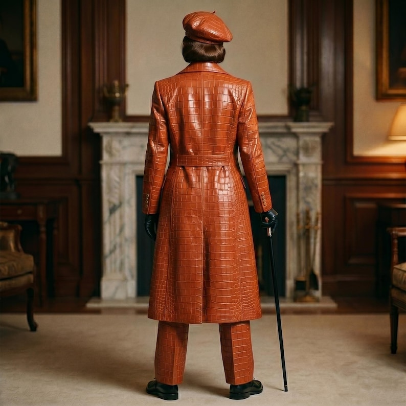 Cognac Crocodile Embossed Leather Suit, Double Breasted Blazer Coat, Long Coat and Pants zdjęcie 5