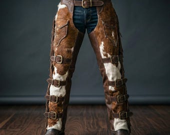 Handmade Hair-On Cowhide Leather Chaps: Western Cowboy Rodeo Biker Outfit