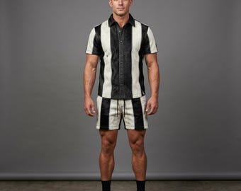 Men's Hair-On Cowhide Leather Set, Striped Western Shirt and Shorts, Handmade Streetwear Co-Ord