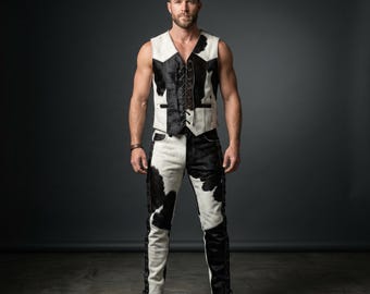 Men's Hair-On Cowhide Leather Vest and Pants Set, Western Cowboy Outfit