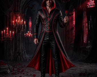 Handmade Black Red Leather Hooded Long Coat Pants Set, Gothic Vampire Cosplay Outfit
