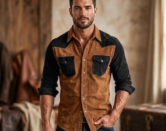 Men's Two-Tone Suede Leather Western Shirt, Handmade Cowboy Snap Button Style
