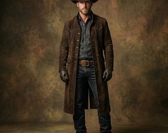 Men's Distressed Brown Leather Duster Coat: Western Cowboy Trench Jacket