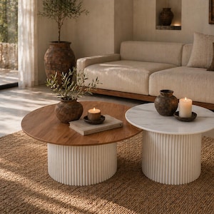 Modern Round Coffee Table Set, Marble & Walnut Coffee Tables, Luxury Living Room Furniture, Scandinavian Nesting Table Set