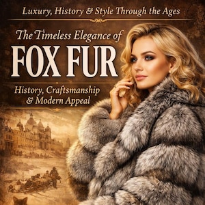 May include: An advertisement for fox fur, featuring a woman wearing a luxurious fur coat. The image includes text that reads "Luxury, History & Style Through the Ages" and "The Timeless Elegance of FOX FUR". A fox pelt is visible.