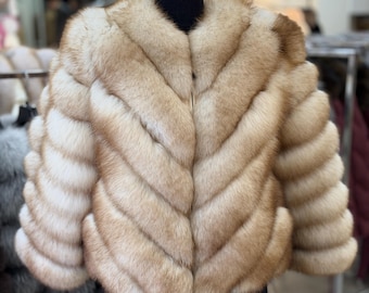 Luxury Real Fox Fur Jacket, Golden Beige Chevron Pattern Fur Coat, Women's High-End Winter Outerwear, Genuine Fox Fur Bolero, Glamorous Gift